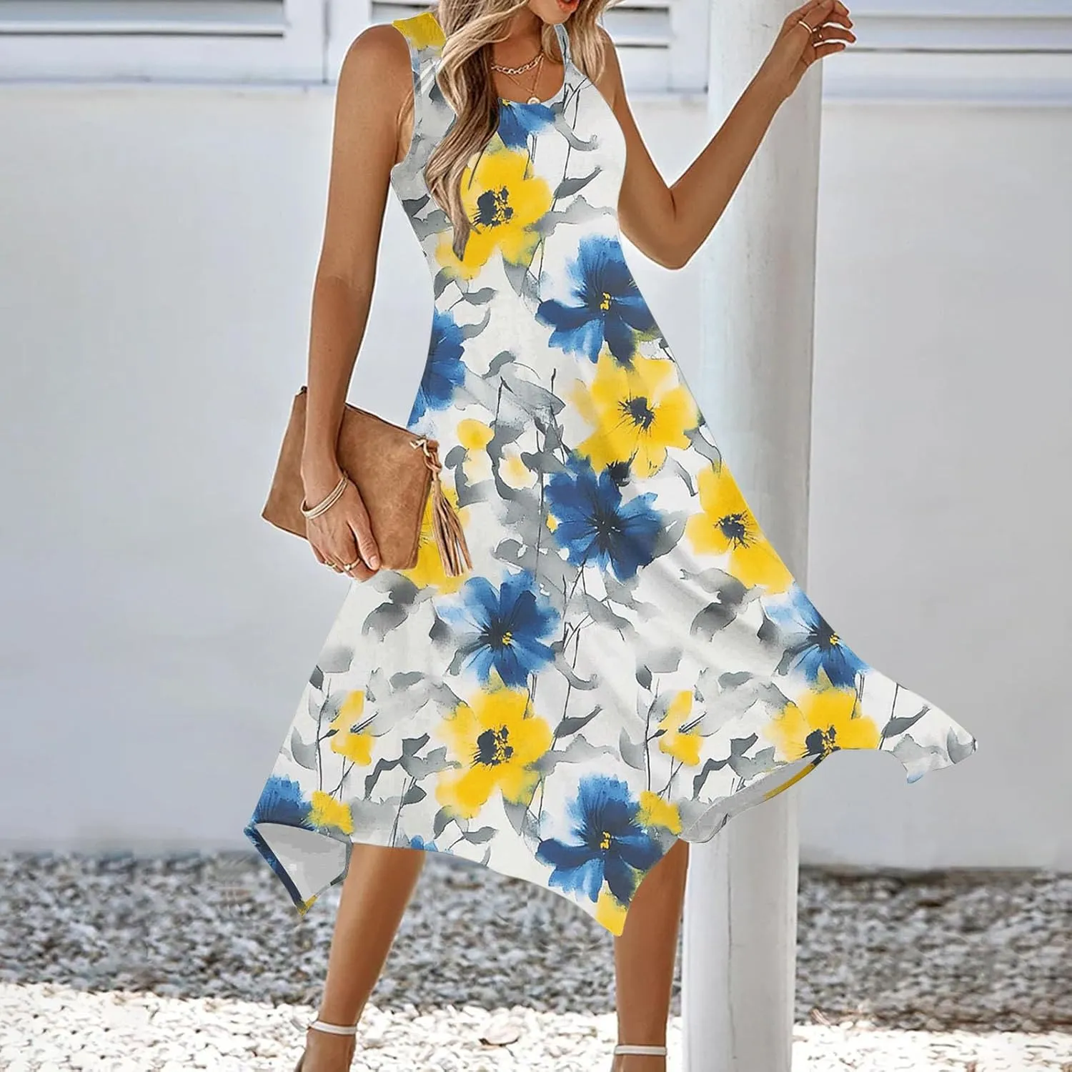Women Dress Casual Summer Loose Flowy Beach Dress with Pockets Hankerchief Flare Midi Sundress 2025 Beach Vacation