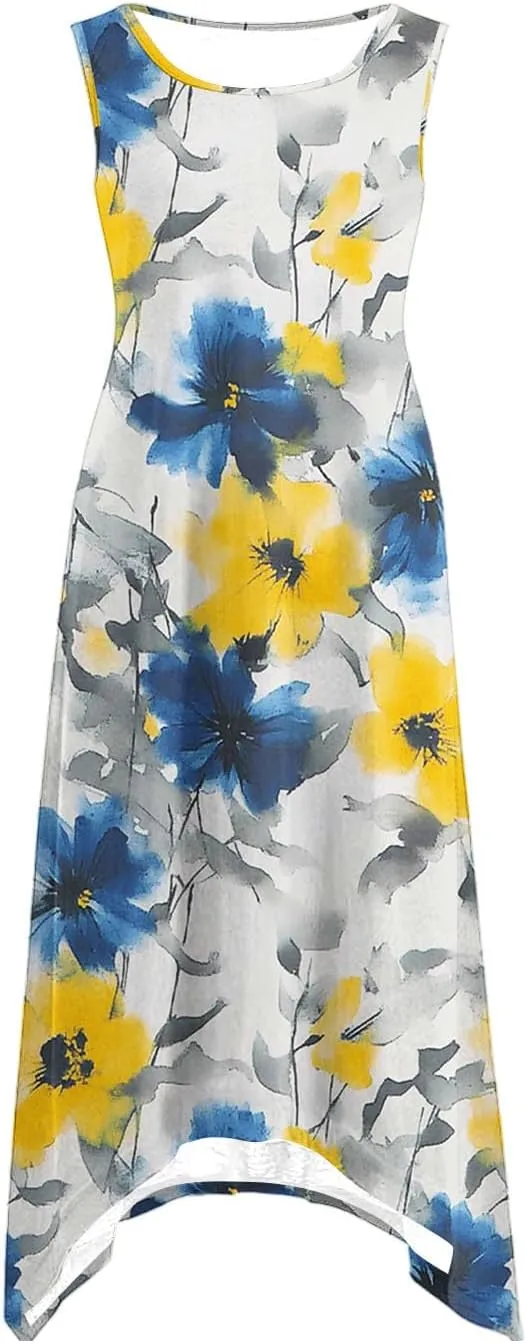 Women Dress Casual Summer Loose Flowy Beach Dress with Pockets Hankerchief Flare Midi Sundress 2025 Beach Vacation