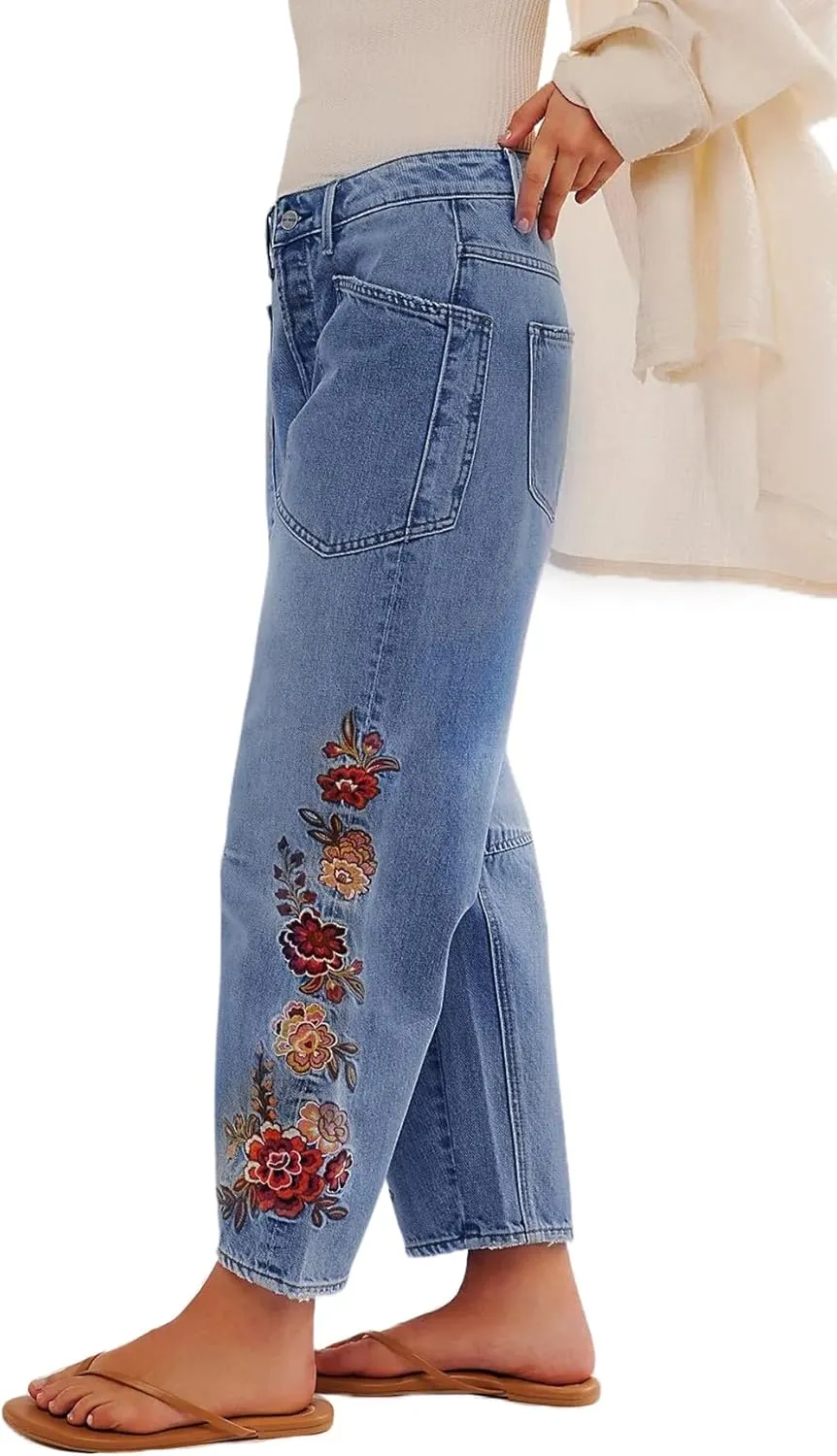Women Floral Embroidered Denim Pants Wide Leg Baggy Barrel Jeans Tapered Bottom Trousers