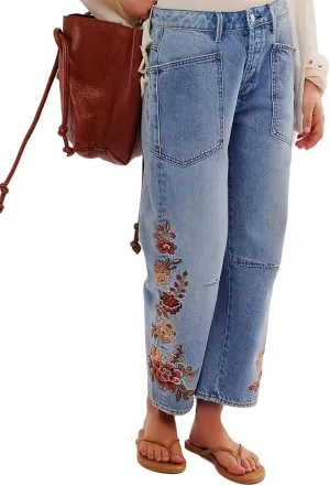Women Floral Embroidered Denim Pants Wide Leg Baggy Barrel Jeans Tapered Bottom Trousers