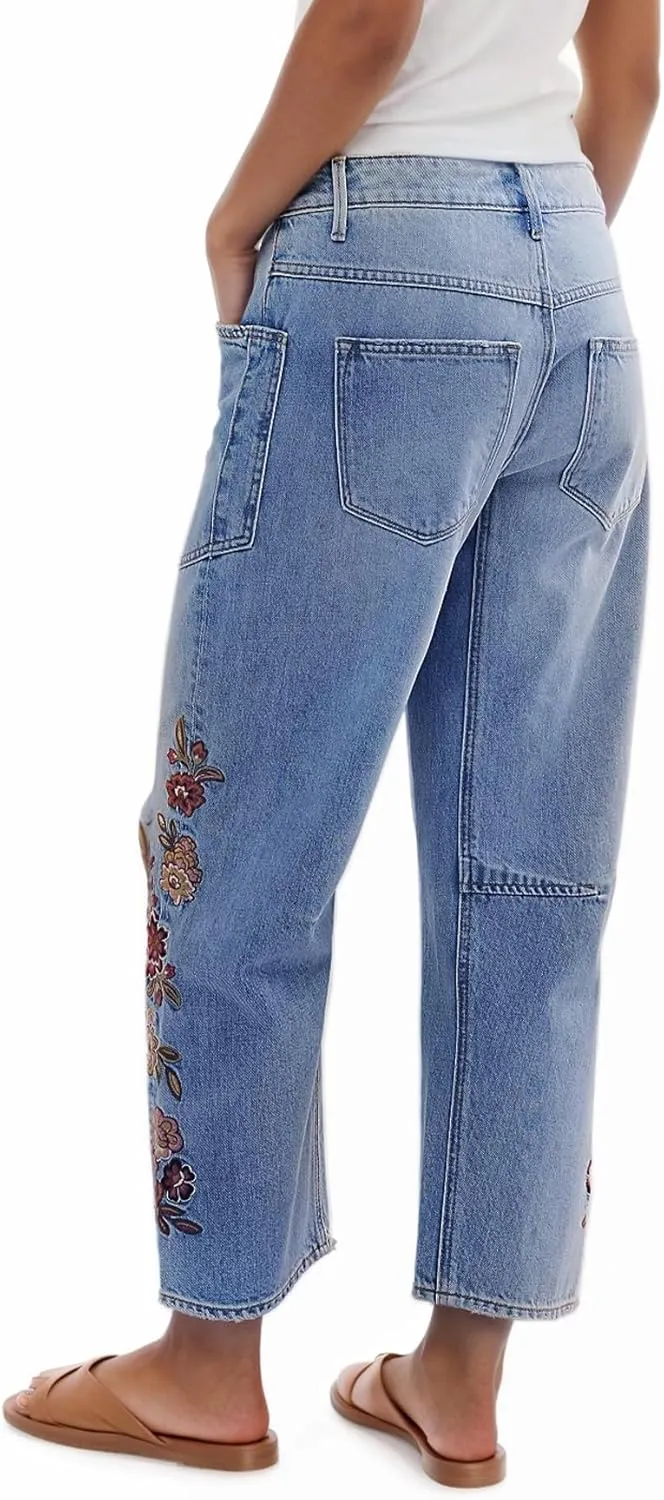 Women Floral Embroidered Denim Pants Wide Leg Baggy Barrel Jeans Tapered Bottom Trousers