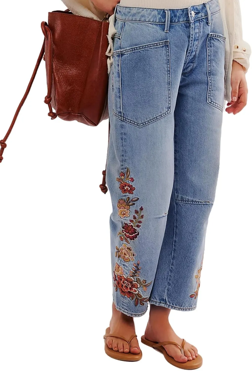 Women Floral Embroidered Denim Pants Wide Leg Baggy Barrel Jeans Tapered Bottom Trousers