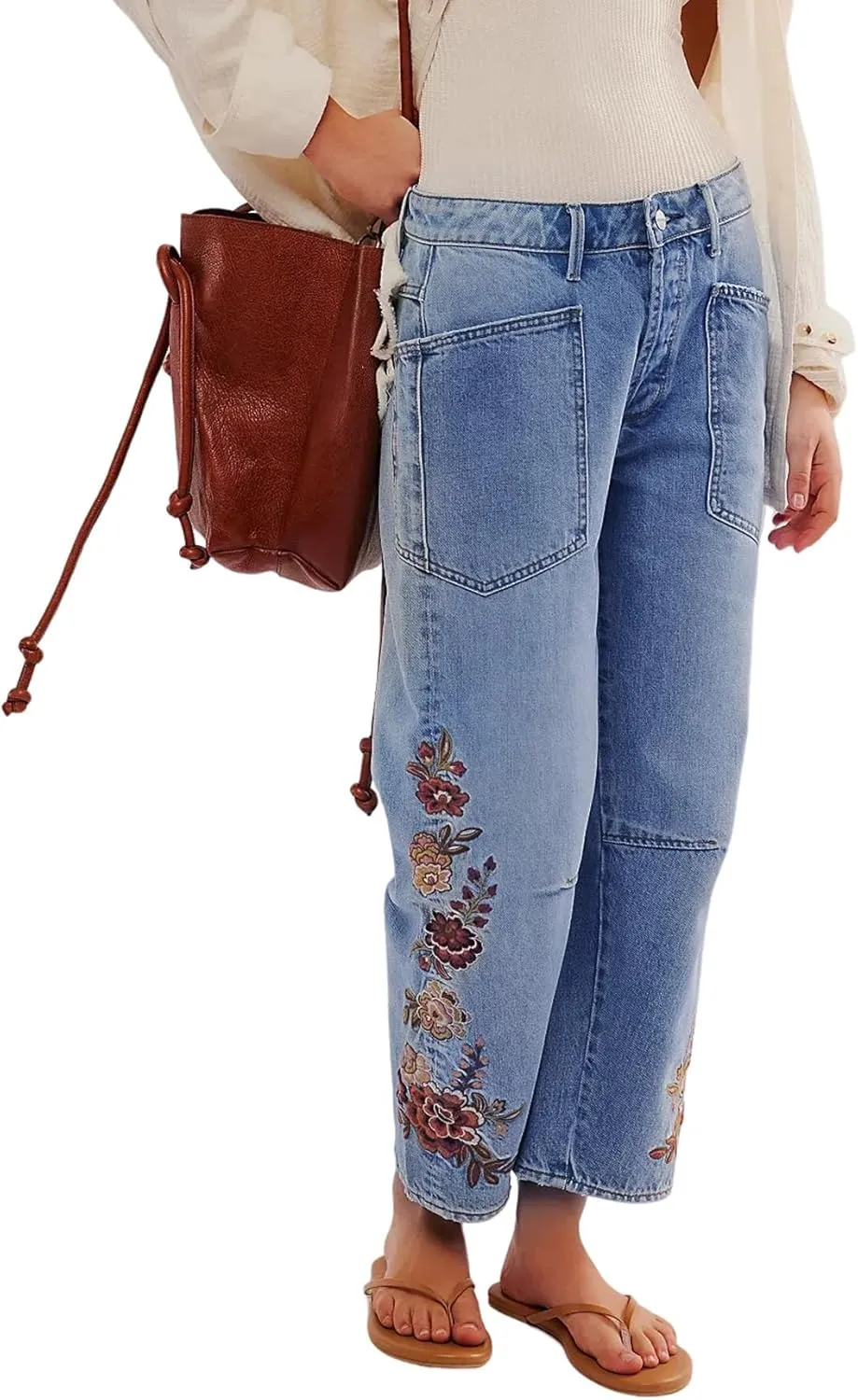 Women Floral Embroidered Denim Pants Wide Leg Baggy Barrel Jeans Tapered Bottom Trousers