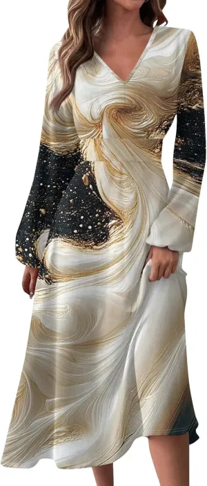 Women Long Sleeve Dresses Spring Boho Dress Puff Sleeve Floral Print Wrap Dress V Neck High Waist Summer Party Dress