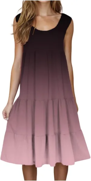 Women Ruffle Boho Tie Dye Dresses Color Block Babydoll Loose Swing Casual Beach Mini Tank Dress Plus Size Sundress