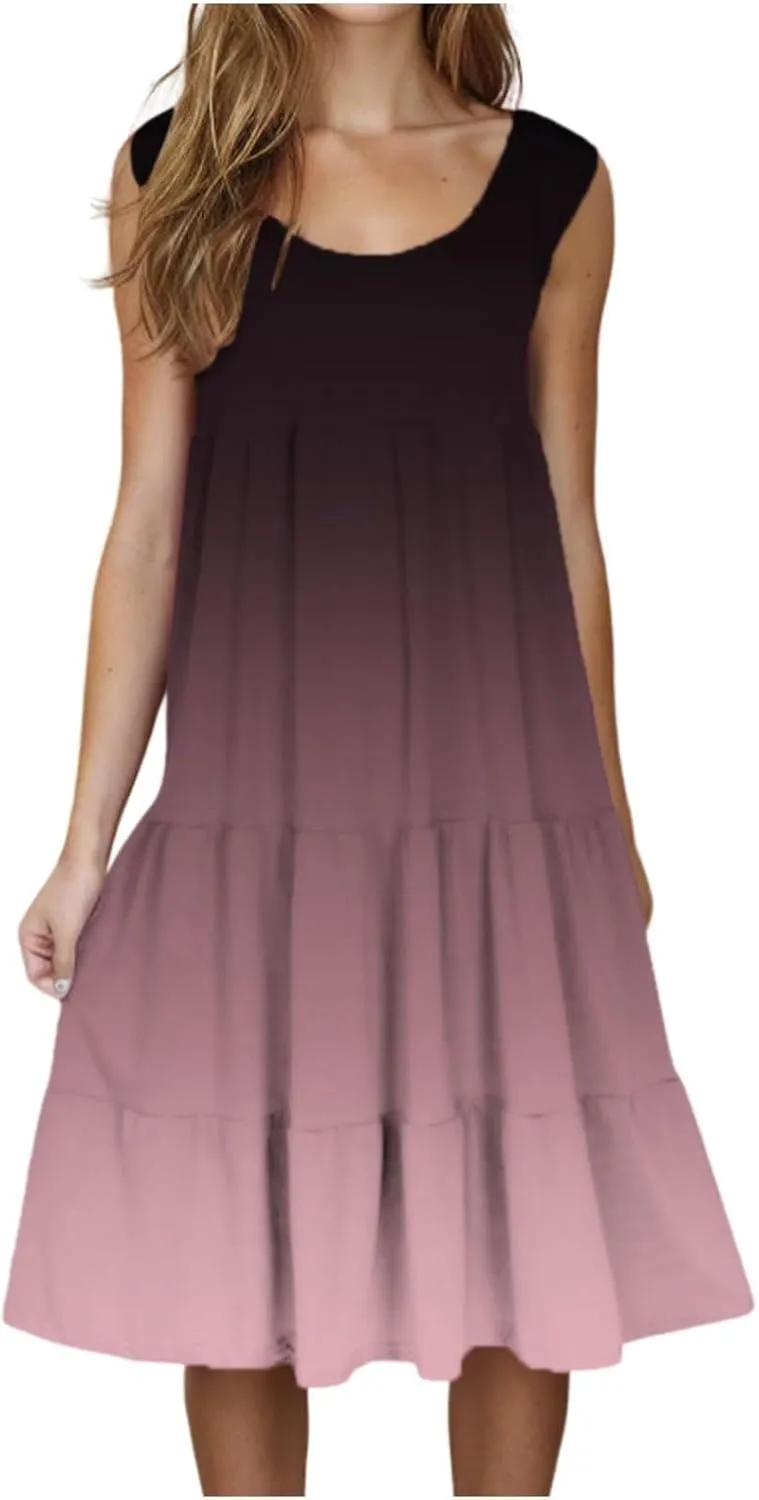 Women Ruffle Boho Tie Dye Dresses Color Block Babydoll Loose Swing Casual Beach Mini Tank Dress Plus Size Sundress