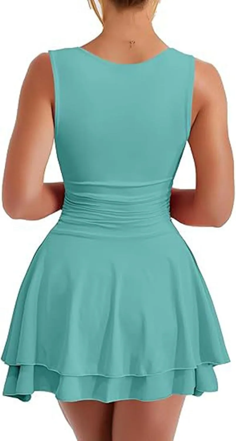 Women Square Neck Bodycon Mini Dress Ruffle Hem Ruched Waist Short Party Club Dresses Cocktail Dress Slim Party Dress