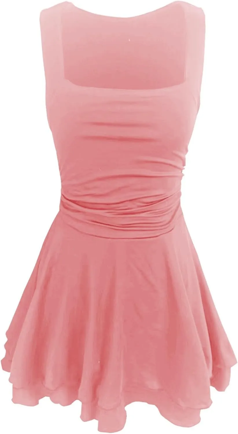 Women Square Neck Bodycon Mini Dress Ruffle Hem Ruched Waist Short Party Club Dresses Cocktail Dress Slim Party Dress