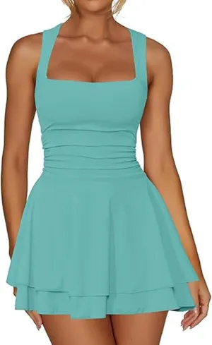 Women Square Neck Bodycon Mini Dress Ruffle Hem Ruched Waist Short Party Club Dresses Cocktail Dress Slim Party Dress