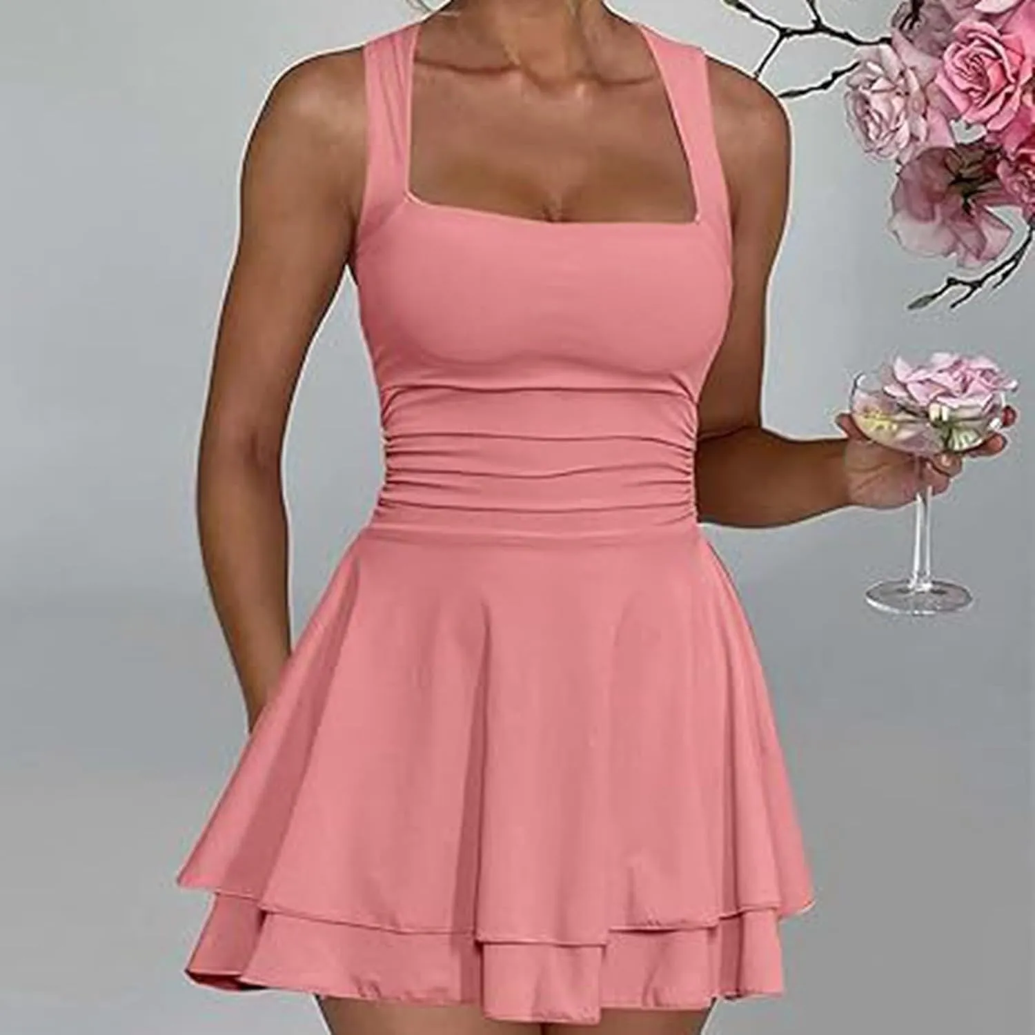 Women Square Neck Bodycon Mini Dress Ruffle Hem Ruched Waist Short Party Club Dresses Cocktail Dress Slim Party Dress