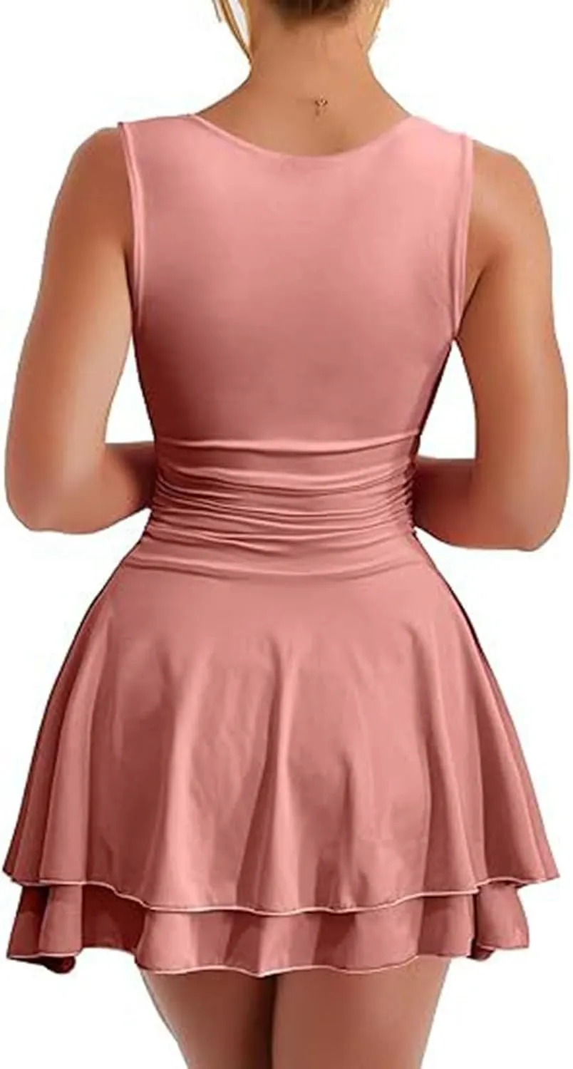 Women Square Neck Bodycon Mini Dress Ruffle Hem Ruched Waist Short Party Club Dresses Cocktail Dress Slim Party Dress