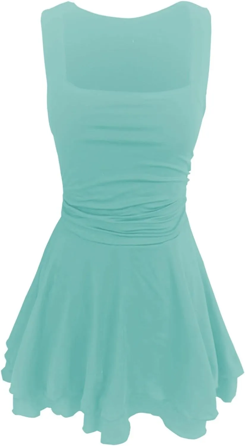 Women Square Neck Bodycon Mini Dress Ruffle Hem Ruched Waist Short Party Club Dresses Cocktail Dress Slim Party Dress
