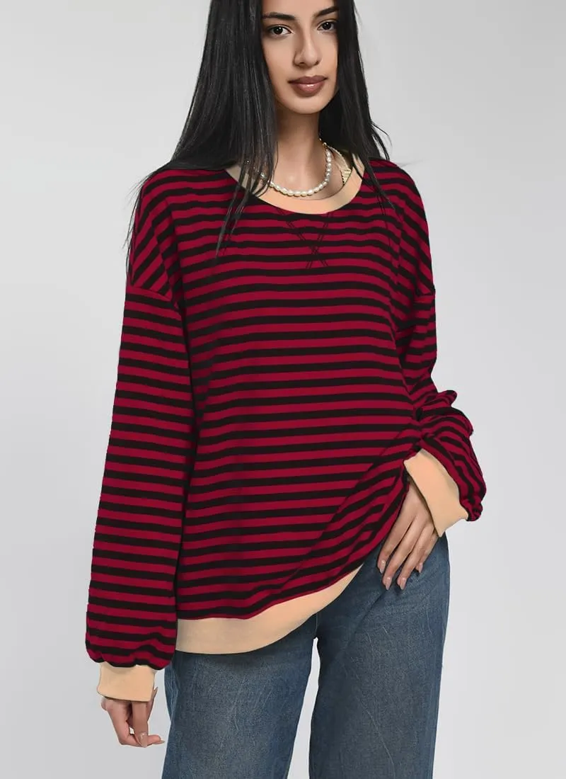 Women Striped Oversized Sweatshirt Color Block Long Sleeve Shirt Crew Neck Casual Loose Pullover Y2K Top