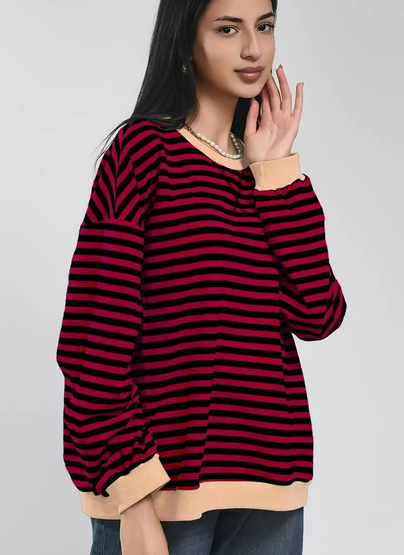 Women Striped Oversized Sweatshirt Color Block Long Sleeve Shirt Crew Neck Casual Loose Pullover Y2K Top