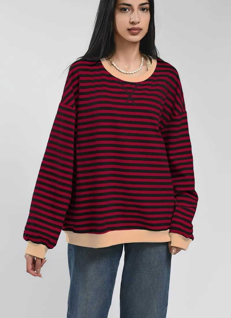 Women Striped Oversized Sweatshirt Color Block Long Sleeve Shirt Crew Neck Casual Loose Pullover Y2K Top