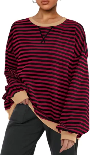 Women Striped Oversized Sweatshirt Color Block Long Sleeve Shirt Crew Neck Casual Loose Pullover Y2K Top