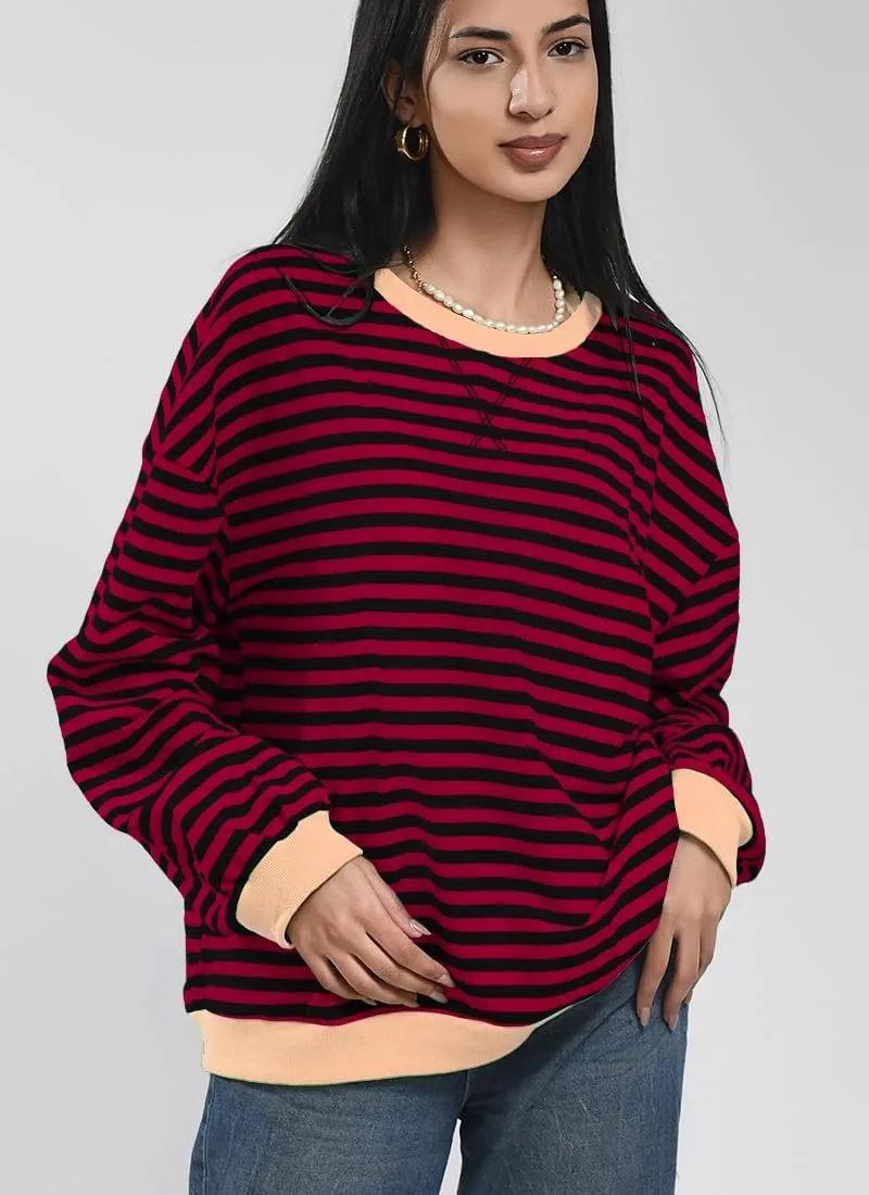 Women Striped Oversized Sweatshirt Color Block Long Sleeve Shirt Crew Neck Casual Loose Pullover Y2K Top