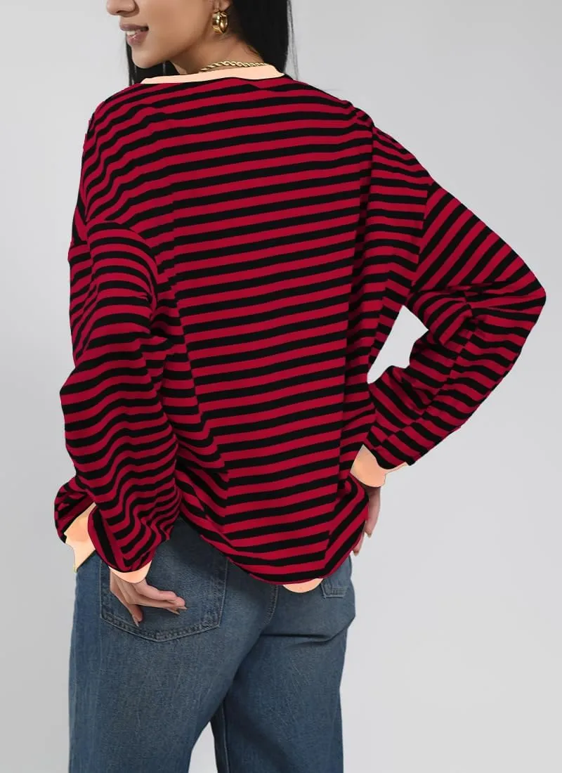 Women Striped Oversized Sweatshirt Color Block Long Sleeve Shirt Crew Neck Casual Loose Pullover Y2K Top