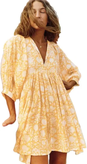 Women Summer Bohemian Floral Shirt Dress Cover Up Beach Dress Half Sleeve Mini Dress