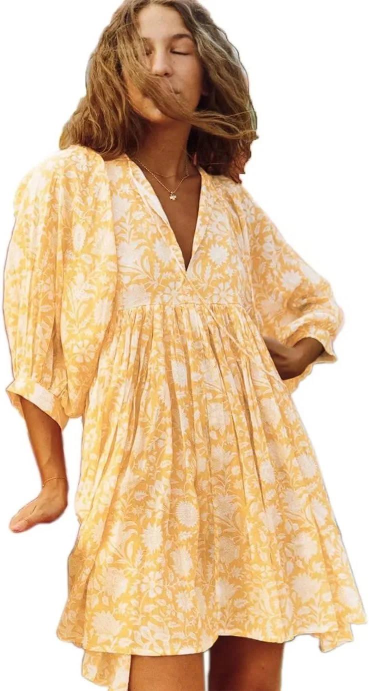 Women Summer Bohemian Floral Shirt Dress Cover Up Beach Dress Half Sleeve Mini Dress