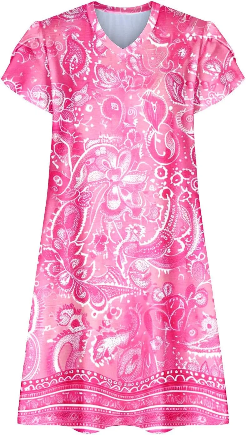 Women Summer Petal Sleeve Mini Dresses with Pockets Casual Aline Flowy V Neck T-Shirt Dress Solid Beach Sundress