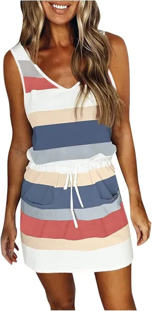 Women Summer Striped Dress Casual Sleeveless Halter Strap Drawstring Sundresses 2025 Flowy Boho Dress with Pockets