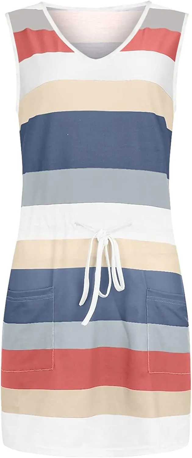 Women Summer Striped Dress Casual Sleeveless Halter Strap Drawstring Sundresses 2025 Flowy Boho Dress with Pockets