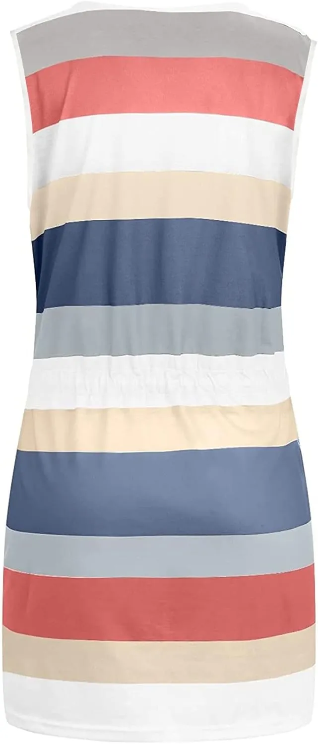 Women Summer Striped Dress Casual Sleeveless Halter Strap Drawstring Sundresses 2025 Flowy Boho Dress with Pockets