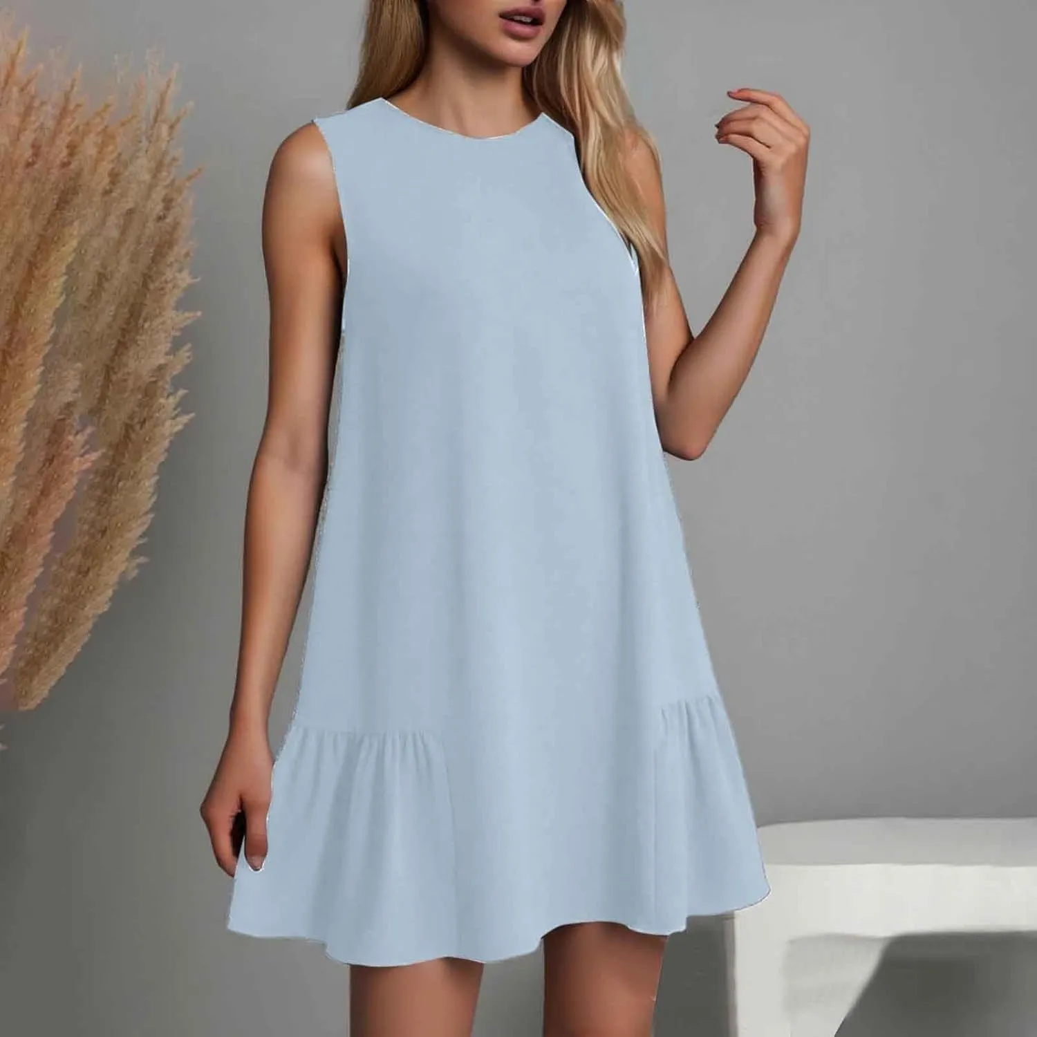 Women Summer Tank Dresses Round Neck Sleeveless T Shirt Dress A-Line Ruffle Hem Mini Dress Beach Vacation Sundresses