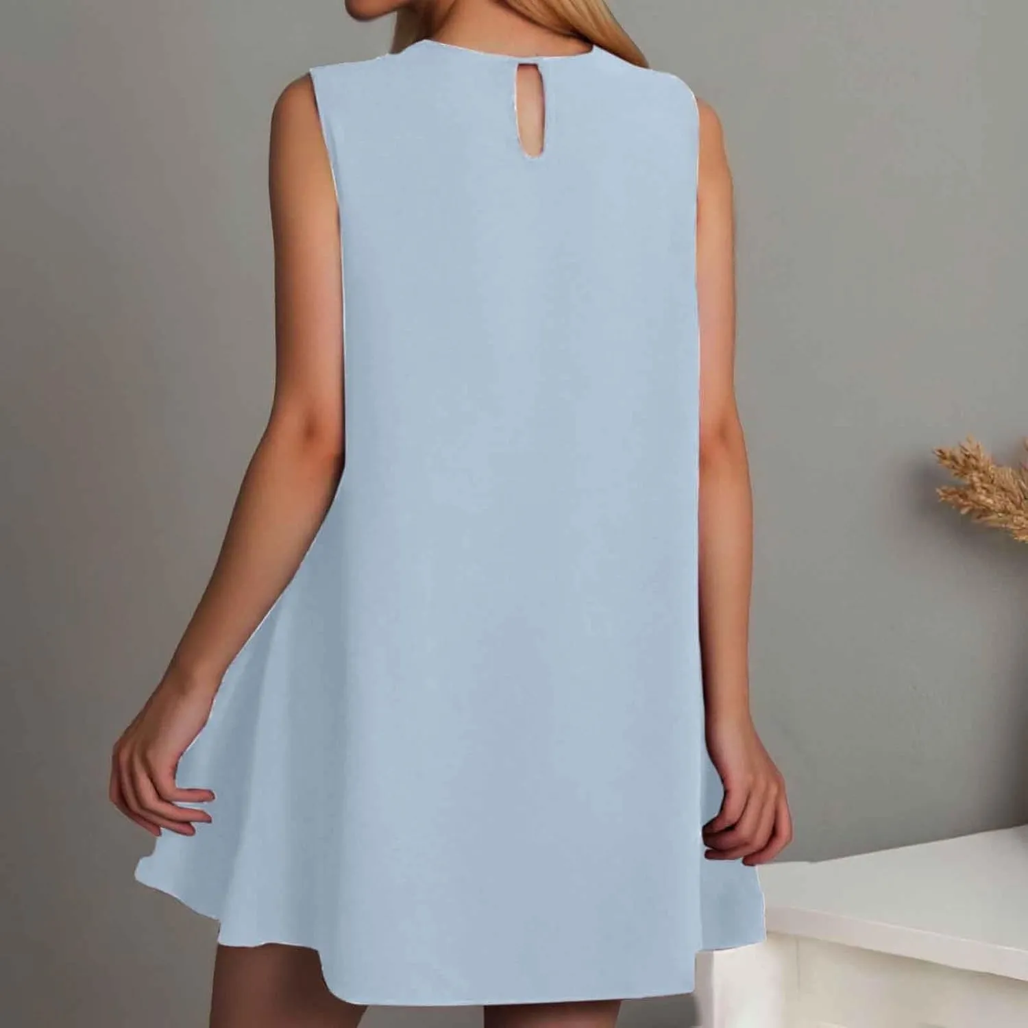 Women Summer Tank Dresses Round Neck Sleeveless T Shirt Dress A-Line Ruffle Hem Mini Dress Beach Vacation Sundresses