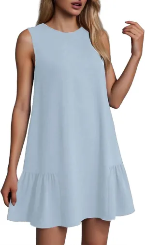 Women Summer Tank Dresses Round Neck Sleeveless T Shirt Dress A-Line Ruffle Hem Mini Dress Beach Vacation Sundresses