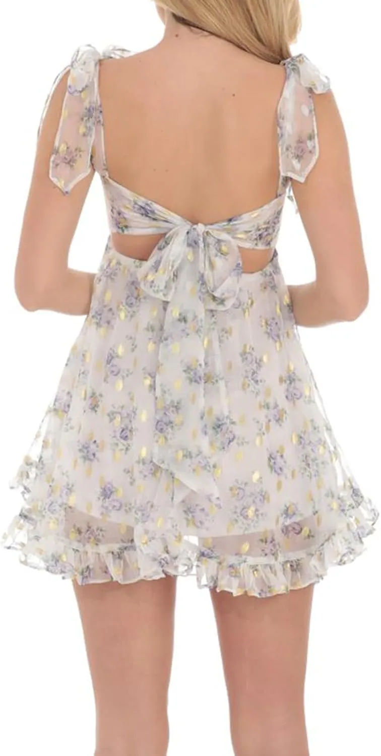 Women Y2k Tulle Mini Dress Sleeveless Floral Embroidered Fairy Lace Bow Tie Sundress A-line Babydoll Dress