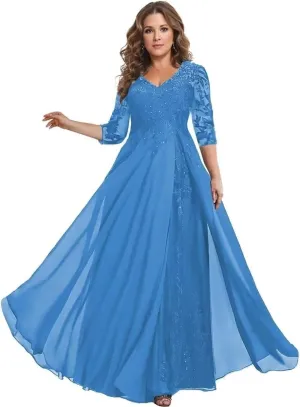 Womens 3/4 Sleeve A Line Mother of The Bride Dresses V Neck Sequins Lace Chiffon Wedding Guest Dress Formal Gown