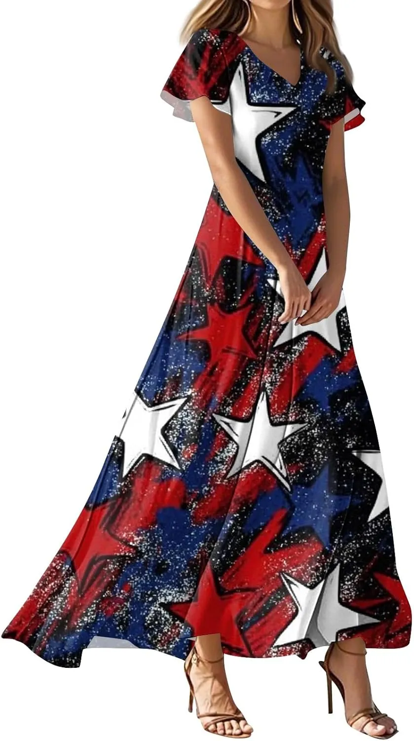 Women's Boho Summer Dresses Casual V-Neck Short Sleeve Maxi Dress High Waist Big Swing Loose Long Beach Sundress