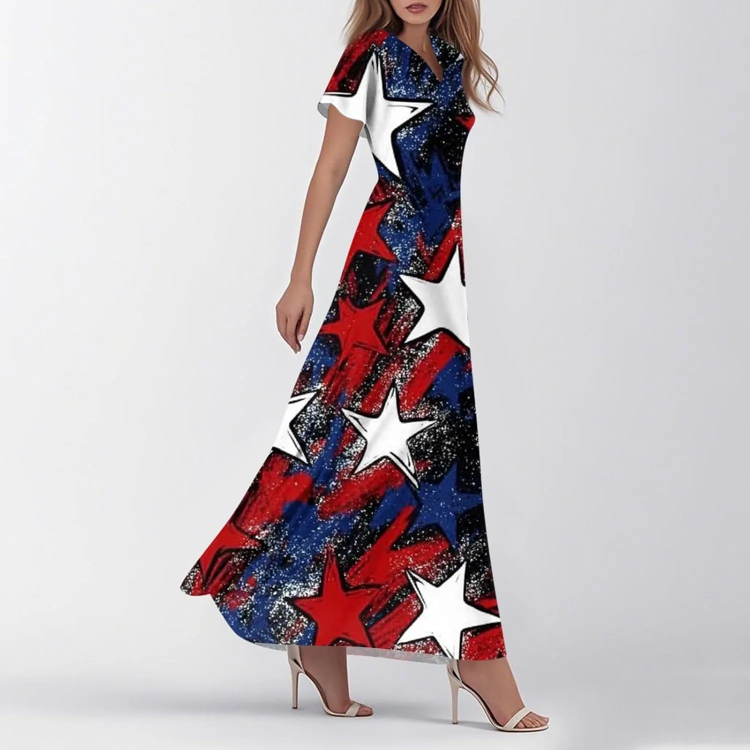 Women's Boho Summer Dresses Casual V-Neck Short Sleeve Maxi Dress High Waist Big Swing Loose Long Beach Sundress