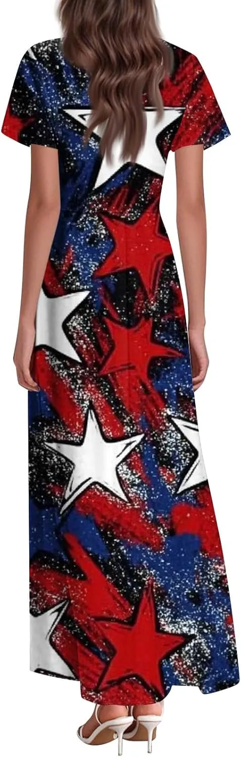 Women's Boho Summer Dresses Casual V-Neck Short Sleeve Maxi Dress High Waist Big Swing Loose Long Beach Sundress