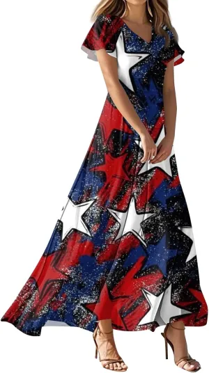 Women's Boho Summer Dresses Casual V-Neck Short Sleeve Maxi Dress High Waist Big Swing Loose Long Beach Sundress