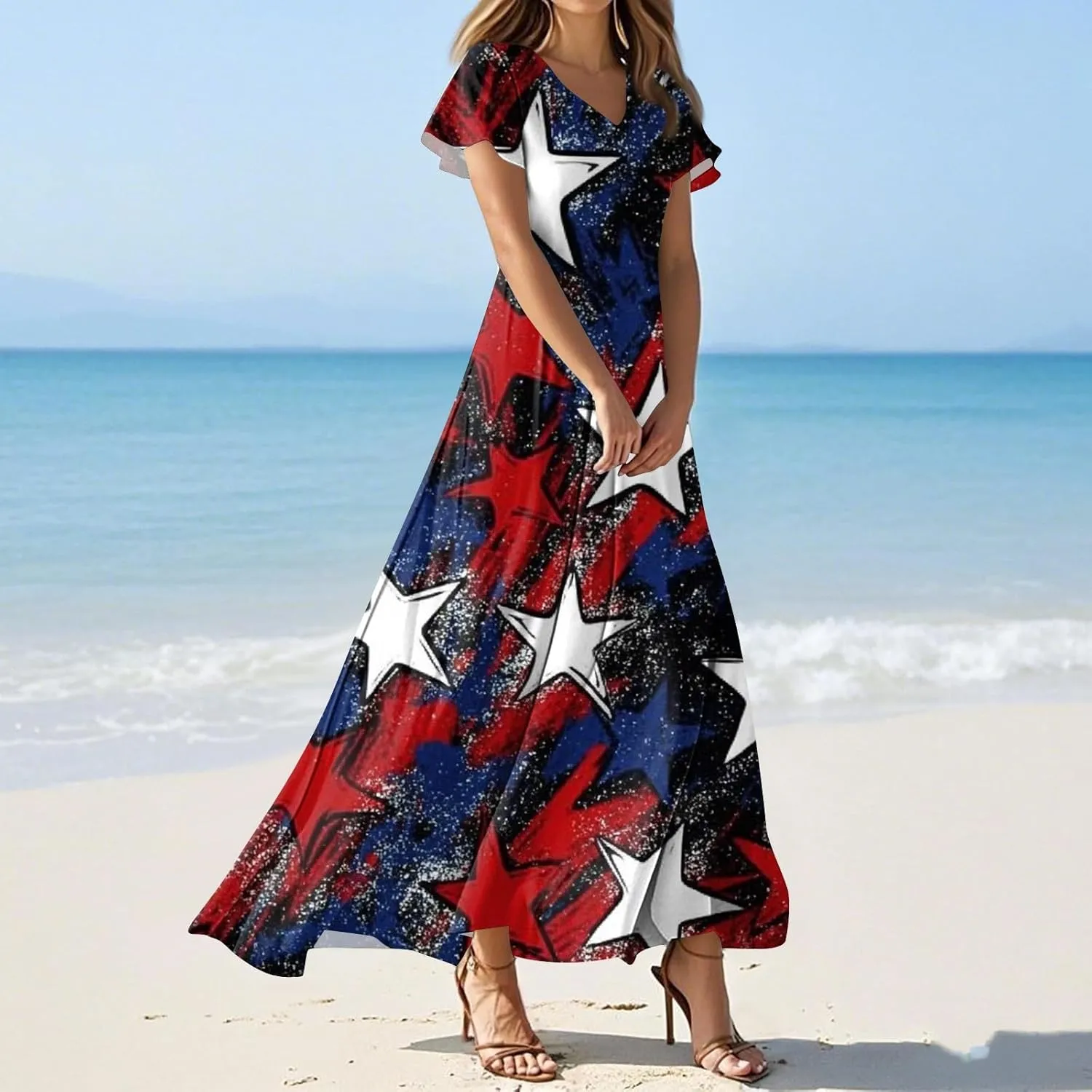 Women's Boho Summer Dresses Casual V-Neck Short Sleeve Maxi Dress High Waist Big Swing Loose Long Beach Sundress