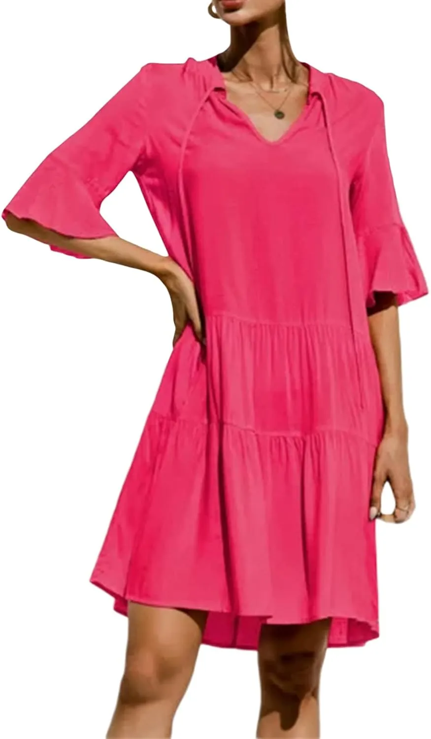 Womens Boho Summer Dresses Flowy Midi Dress Floral Ruffle Mid Sleeve Tiered Beach Casual Sundresses