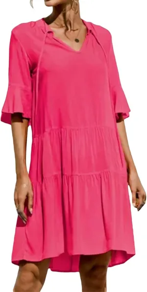 Womens Boho Summer Dresses Flowy Midi Dress Floral Ruffle Mid Sleeve Tiered Beach Casual Sundresses