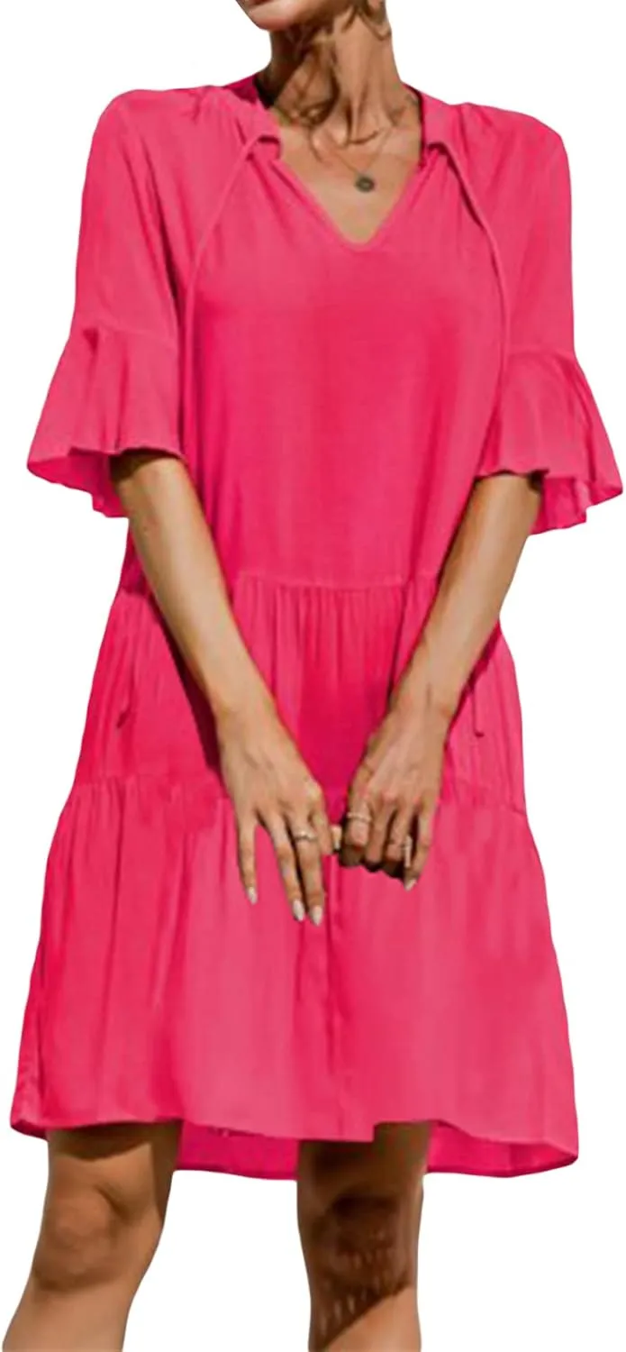 Womens Boho Summer Dresses Flowy Midi Dress Floral Ruffle Mid Sleeve Tiered Beach Casual Sundresses