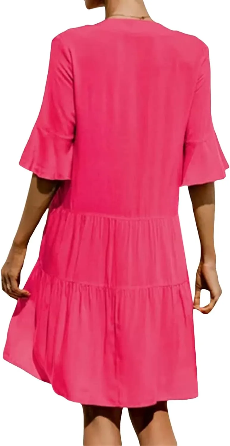 Womens Boho Summer Dresses Flowy Midi Dress Floral Ruffle Mid Sleeve Tiered Beach Casual Sundresses