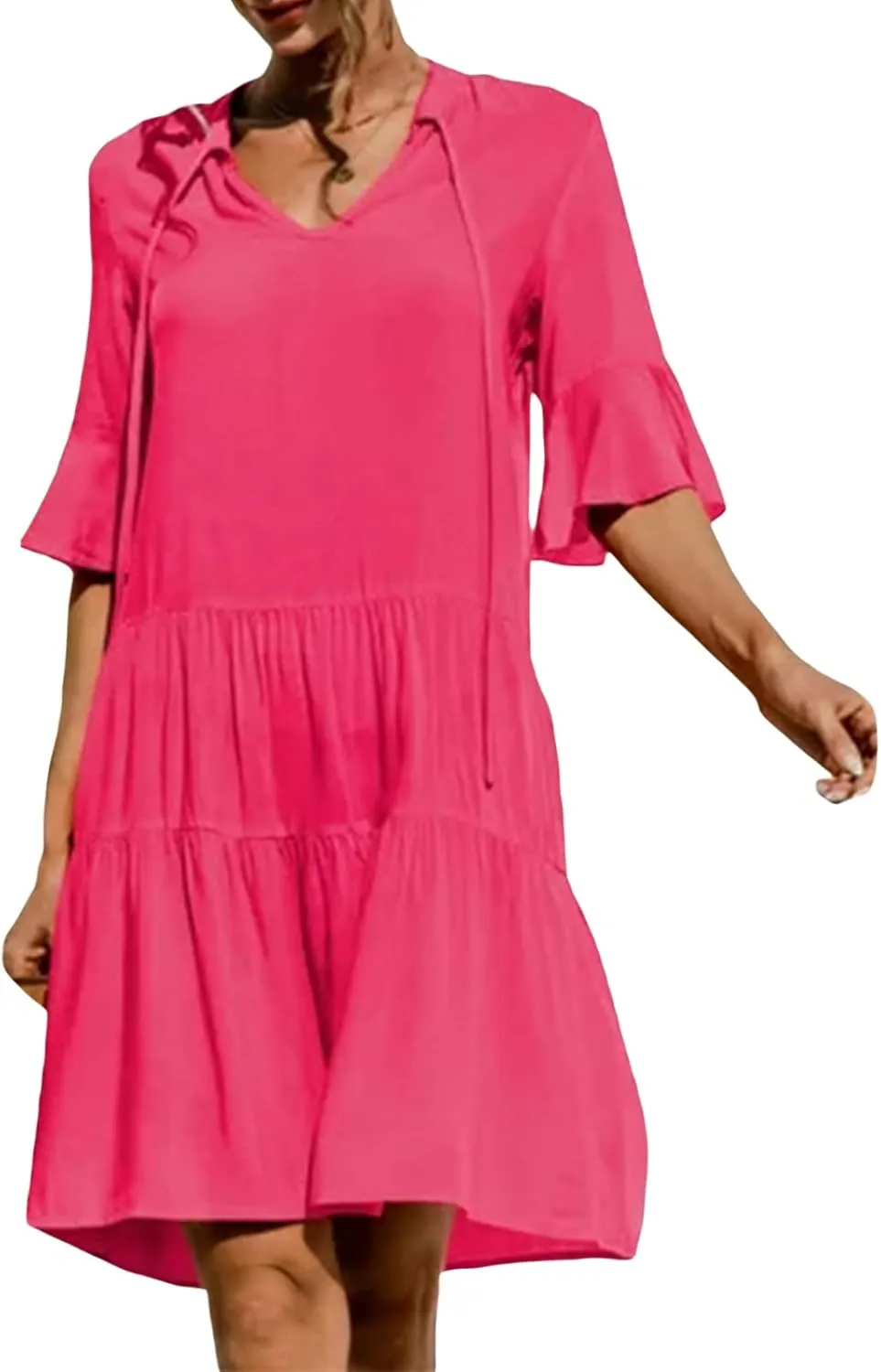 Womens Boho Summer Dresses Flowy Midi Dress Floral Ruffle Mid Sleeve Tiered Beach Casual Sundresses