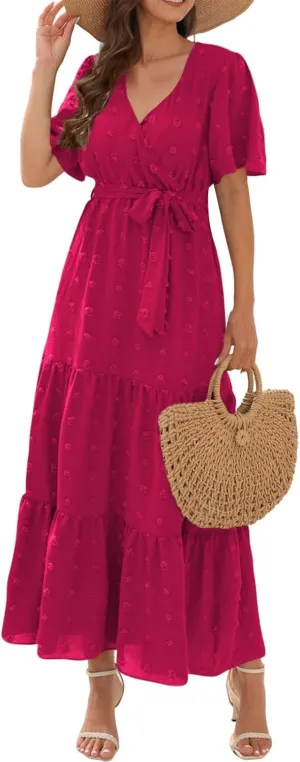 Womens Boho Swiss Dot Maxi Dresses Summer Wrap V Neck Flutter Short Sleeve Tie Belt A Line Tiered Flowy Long Dress