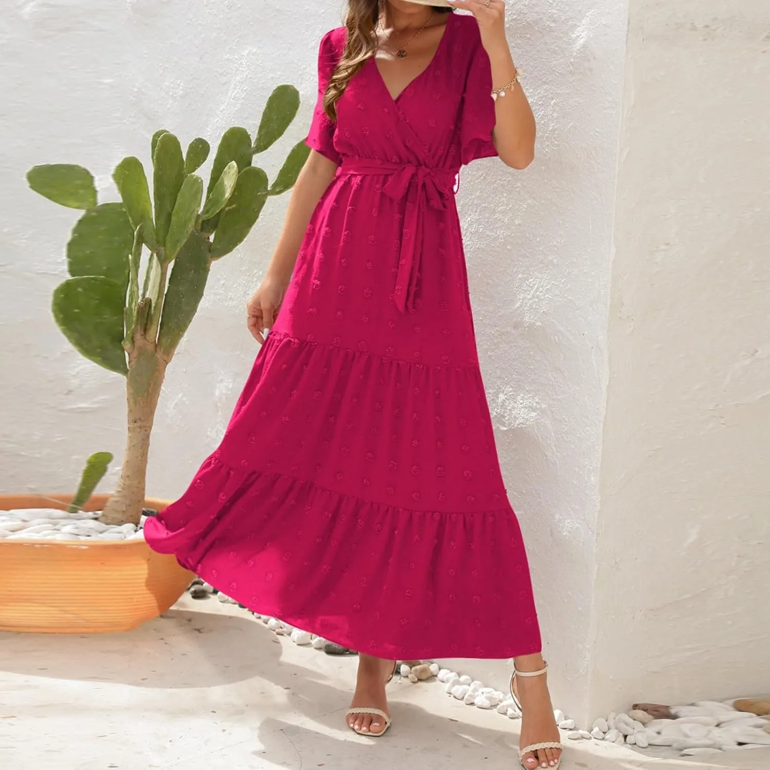 Womens Boho Swiss Dot Maxi Dresses Summer Wrap V Neck Flutter Short Sleeve Tie Belt A Line Tiered Flowy Long Dress