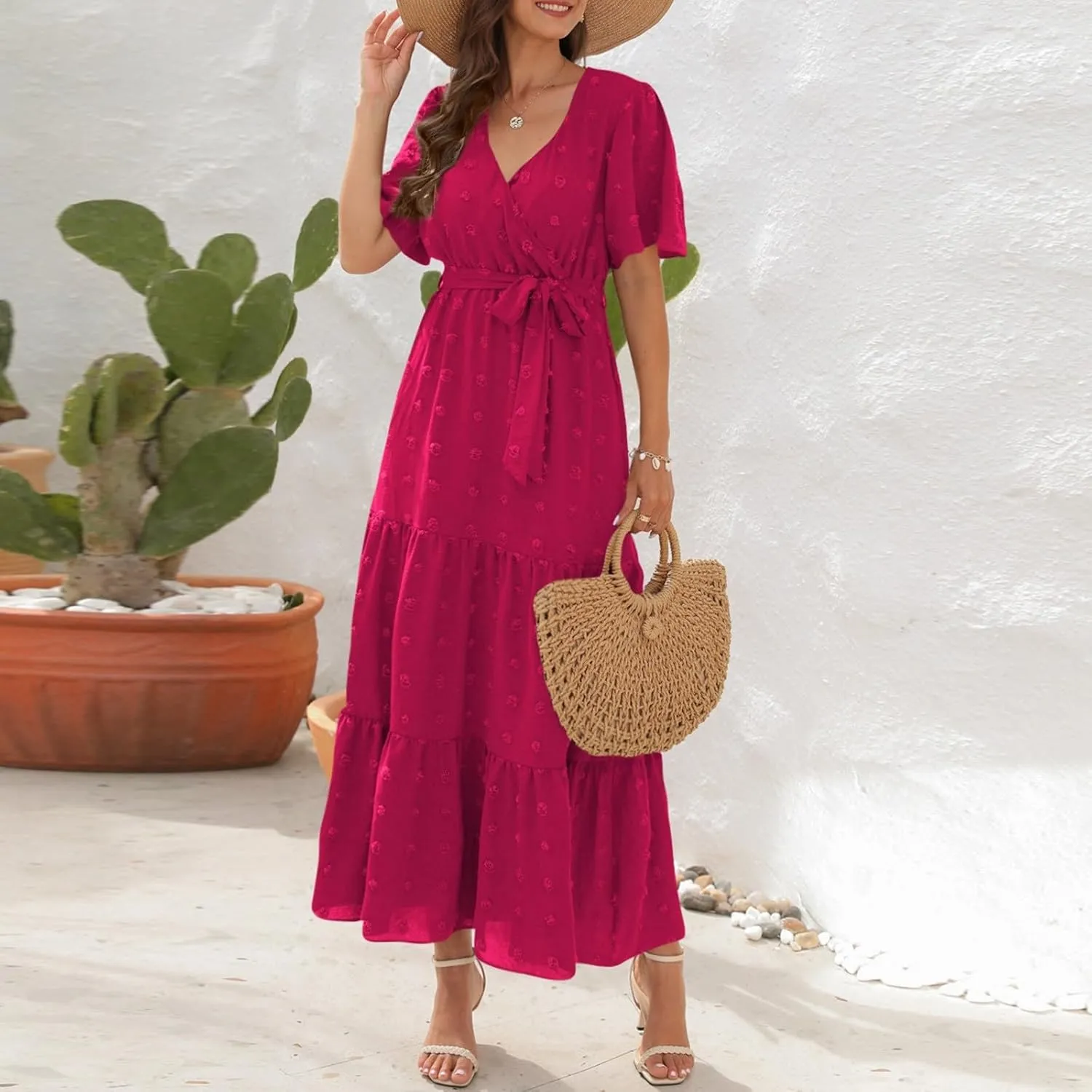 Womens Boho Swiss Dot Maxi Dresses Summer Wrap V Neck Flutter Short Sleeve Tie Belt A Line Tiered Flowy Long Dress
