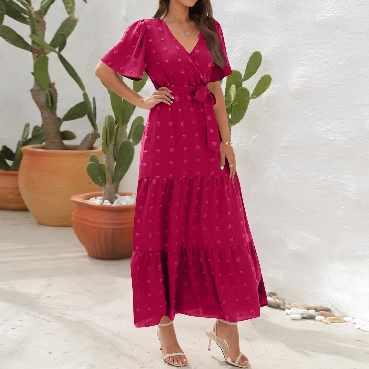 Womens Boho Swiss Dot Maxi Dresses Summer Wrap V Neck Flutter Short Sleeve Tie Belt A Line Tiered Flowy Long Dress