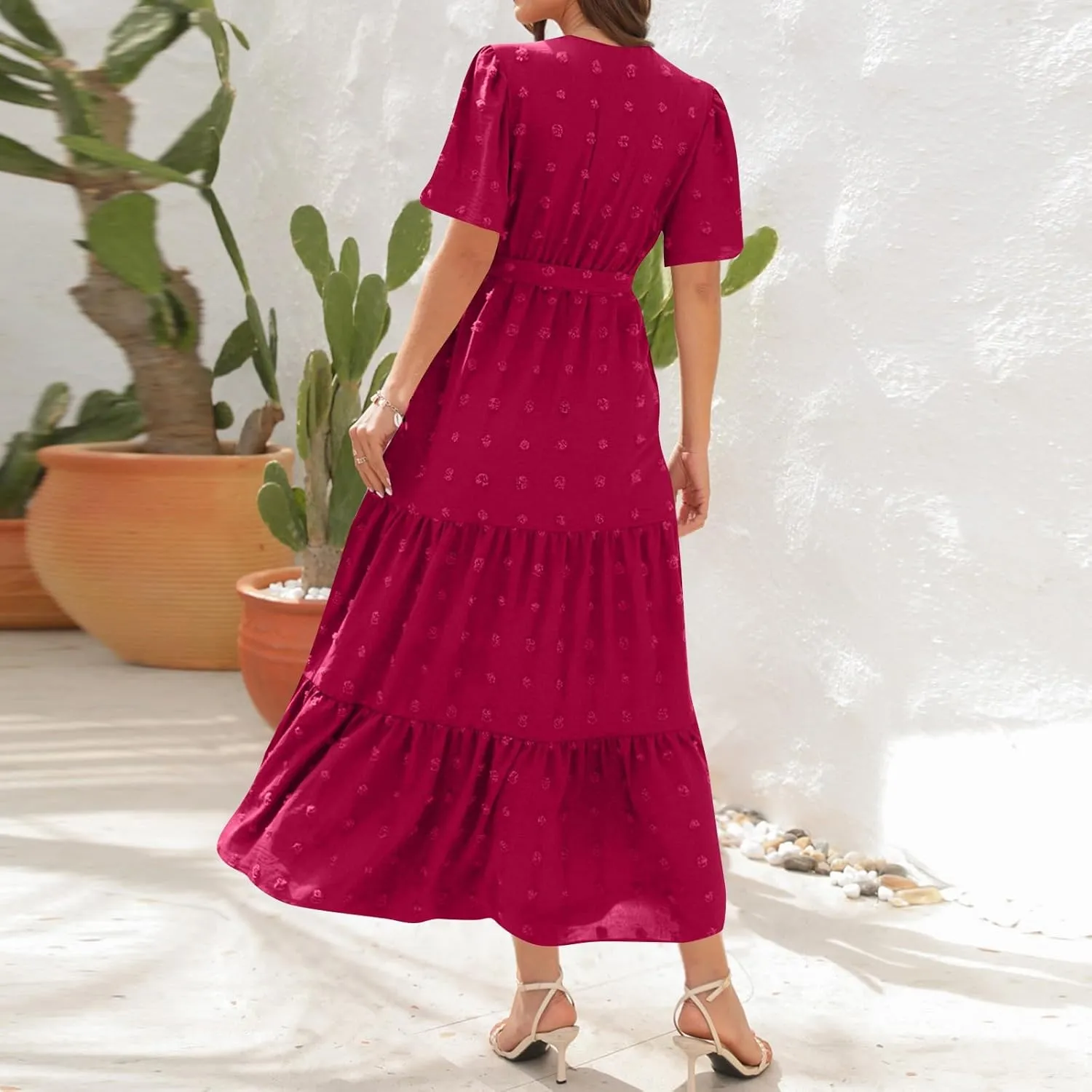 Womens Boho Swiss Dot Maxi Dresses Summer Wrap V Neck Flutter Short Sleeve Tie Belt A Line Tiered Flowy Long Dress