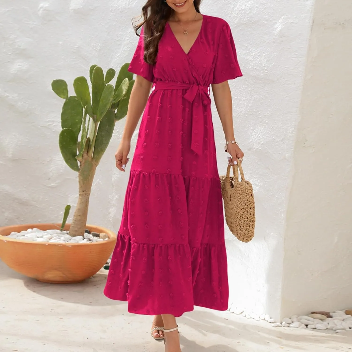Womens Boho Swiss Dot Maxi Dresses Summer Wrap V Neck Flutter Short Sleeve Tie Belt A Line Tiered Flowy Long Dress