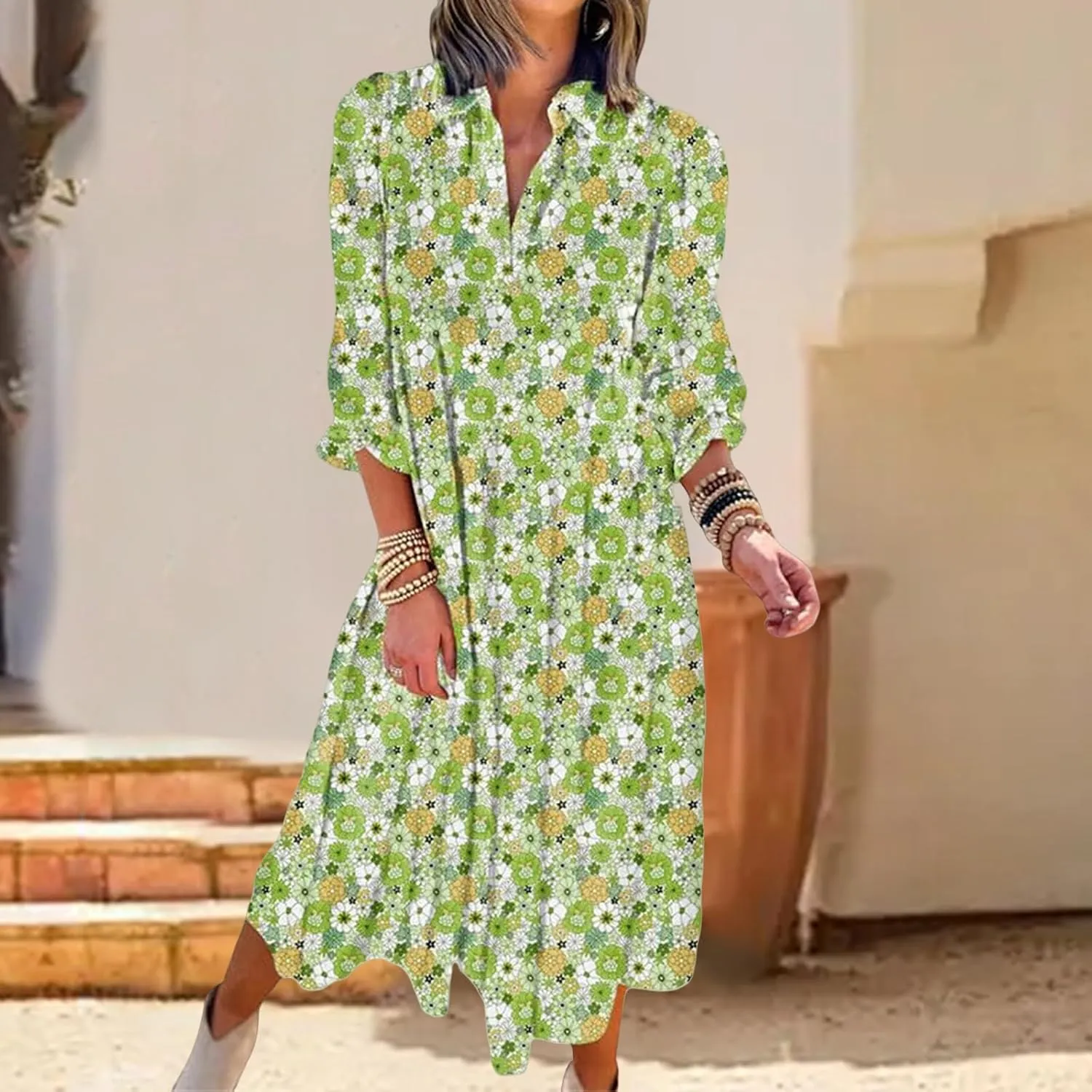 Women's Casual Boho Floral Print Dress V Neck Ruffle Sleeve Maxi Dress Loose Fit Beach Dresses Sundresses for Summer